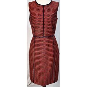 J Crew Sheath Dress Red Blue Geometric Satin Jacquard Sleeveless Pencil Classic